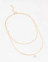 Gold Station Pearl Pendant Layered Necklace