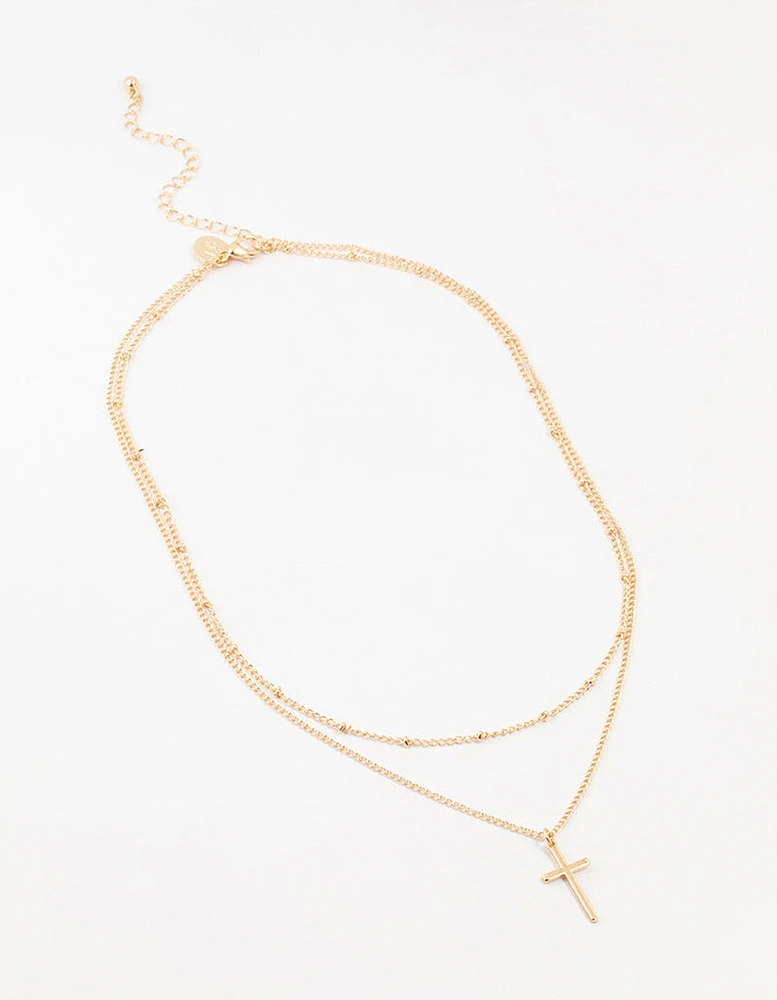 Gold Ball Chain & Cross Layered Necklace