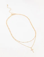 Gold Ball Chain & Cross Layered Necklace