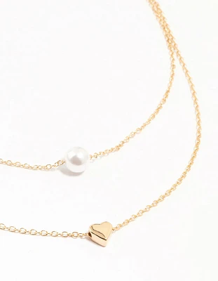 Gold Double Chain Pearl & Heart Necklace