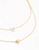 Gold Double Chain Pearl & Heart Necklace