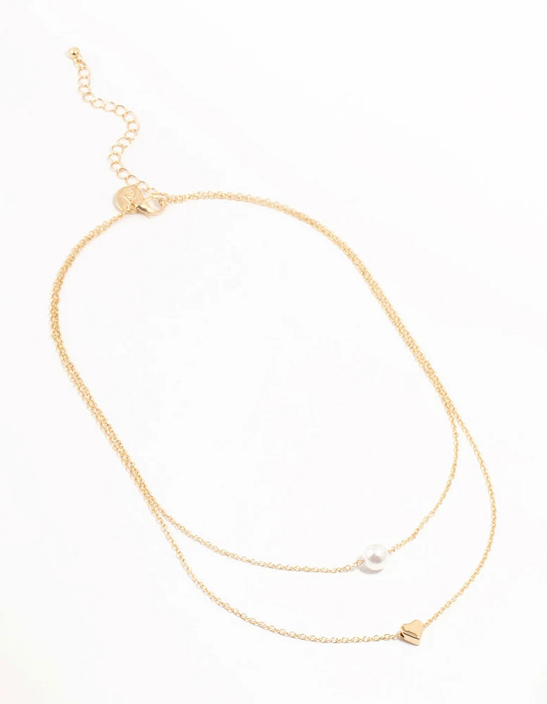 Gold Double Chain Pearl & Heart Necklace