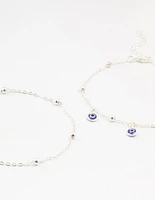 Silver Evil Eye Anklets 2-Pack