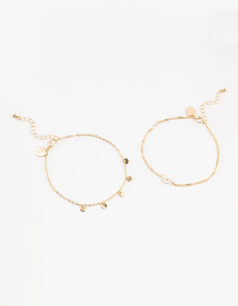 Gold Pearl Disc Pendant Anklets 2-Pack