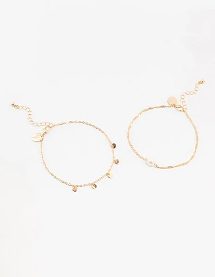 Gold Pearl Disc Pendant Anklets 2-Pack