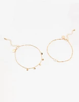 Gold Pearl Disc Pendant Anklets 2-Pack