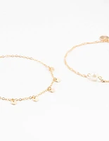 Gold Pearl Disc Pendant Anklets 2-Pack