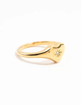 Waterproof Gold Plated Stainless  Steel Cubic Zirconia Heart Signet Ring