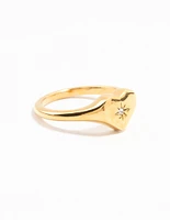 Waterproof Gold Plated Stainless  Steel Cubic Zirconia Heart Signet Ring