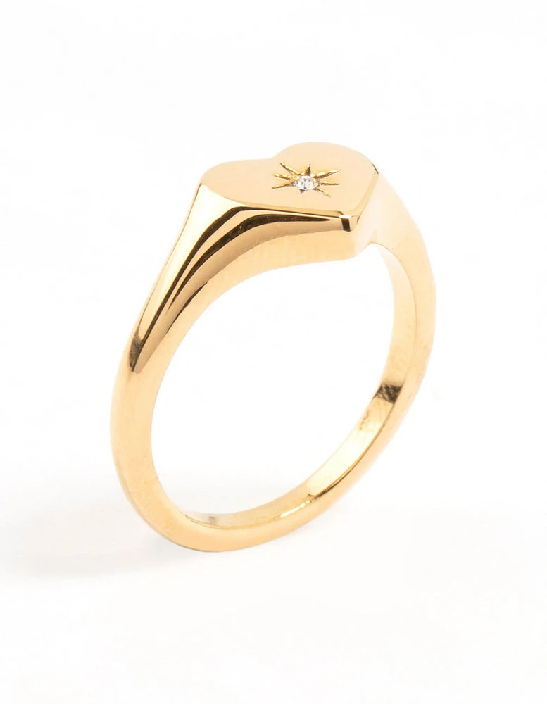 Waterproof Gold Plated Stainless  Steel Cubic Zirconia Heart Signet Ring