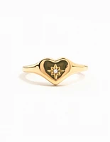 Waterproof Gold Plated Stainless  Steel Cubic Zirconia Heart Signet Ring