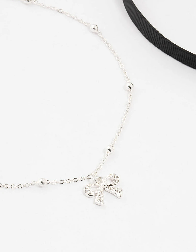 Silver Ribbon, Diamante & Bow Choker set