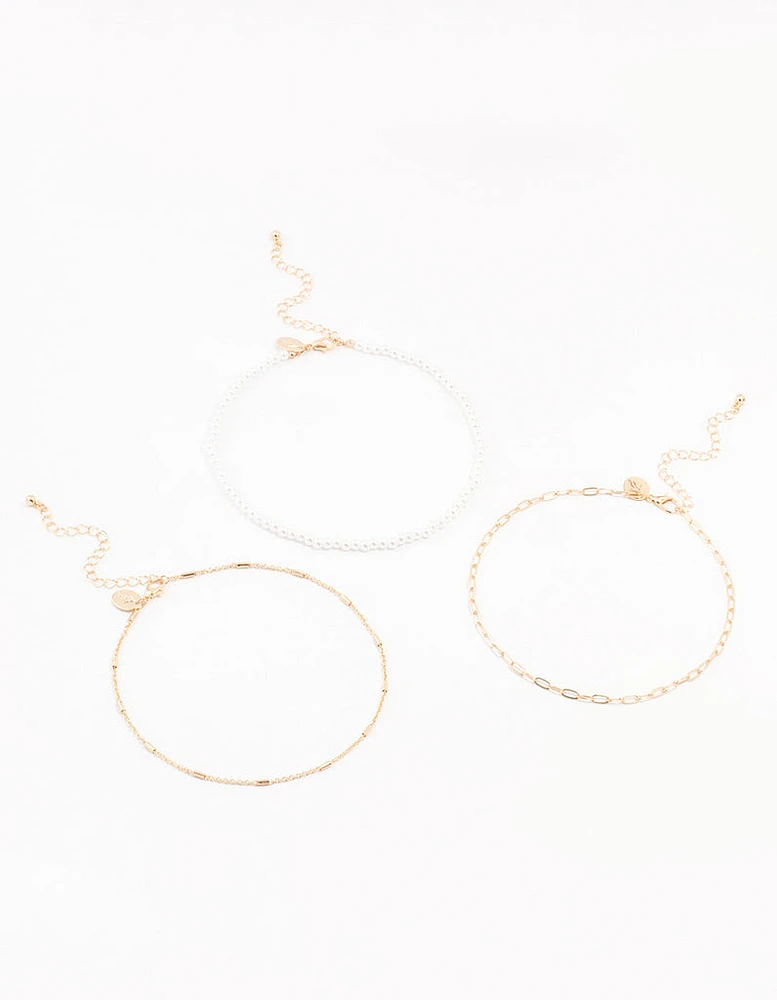 Gold Pearl Tab Chain Chokers 3-Pack