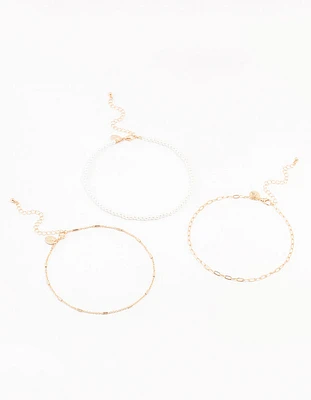 Gold Pearl Tab Chain Chokers 3-Pack