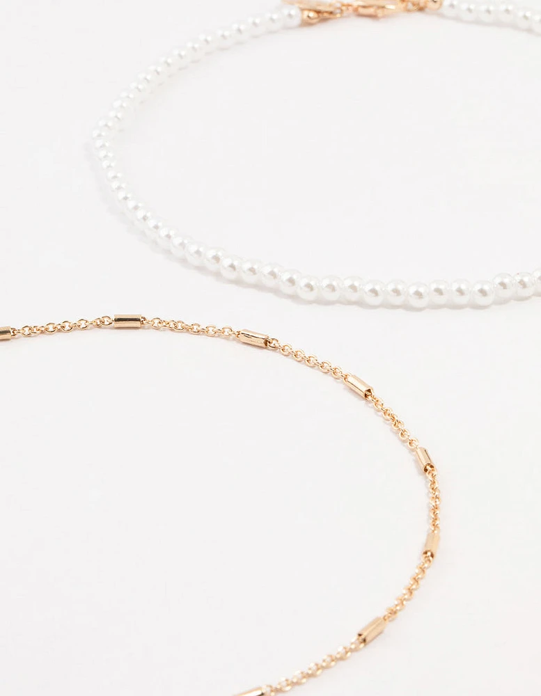 Gold Pearl Tab Chain Chokers 3-Pack