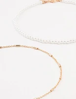 Gold Pearl Tab Chain Chokers 3-Pack