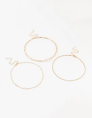 Gold Cupchain Pearl Chokers 3-Pack