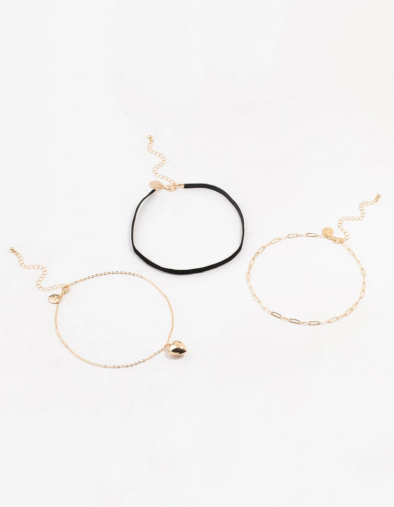 Gold Ribbon Puff Heart Chokers 3-Pack