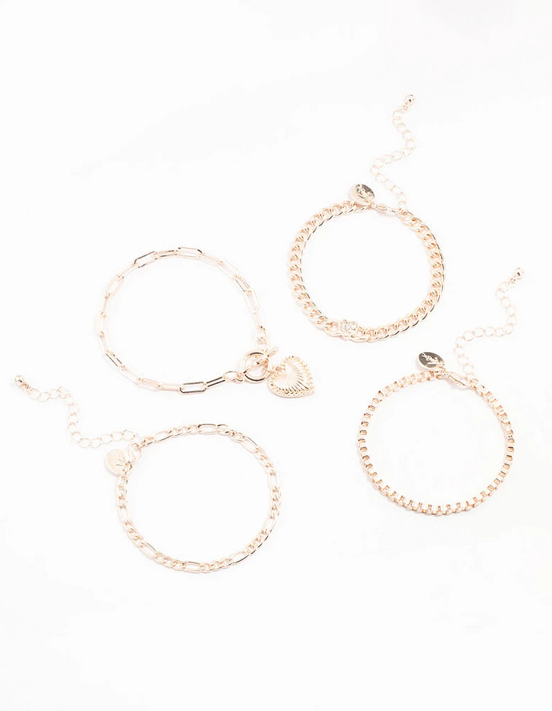 Rose Gold Diamante T & O Heart Bracelets 4-Pack