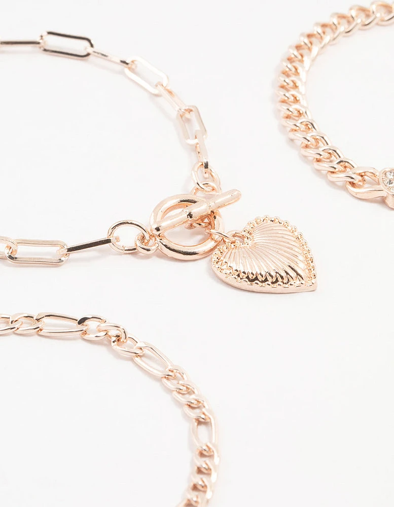 Rose Gold Diamante T & O Heart Bracelets 4-Pack