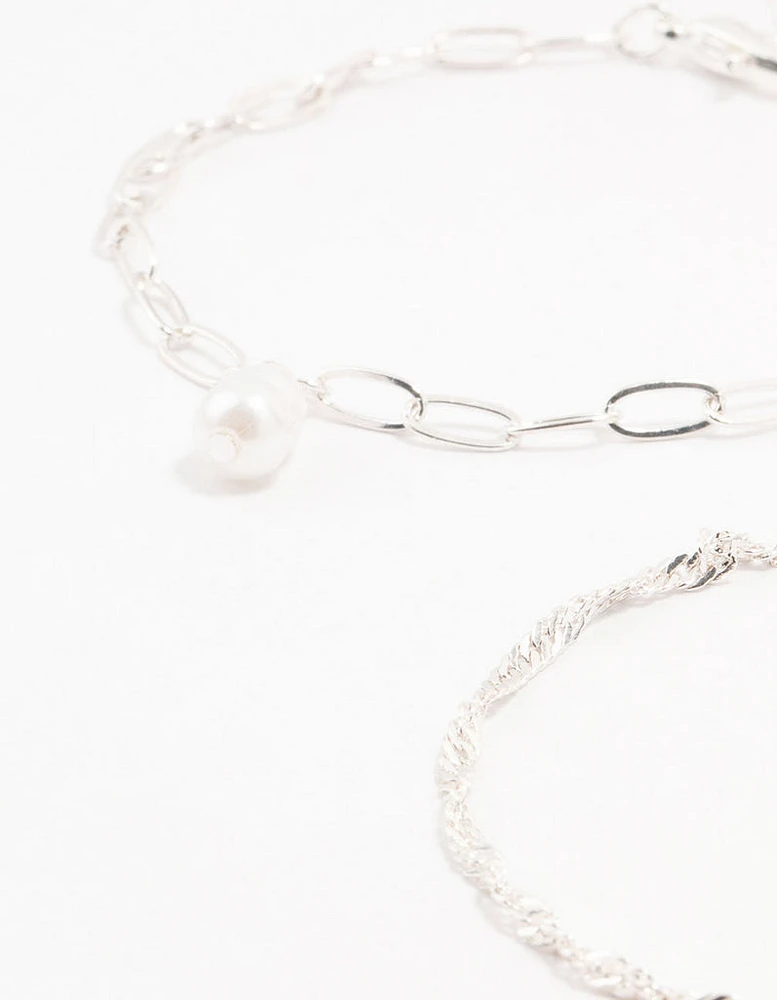 Silver Paperclip Pearl Bracelets 4-Pack