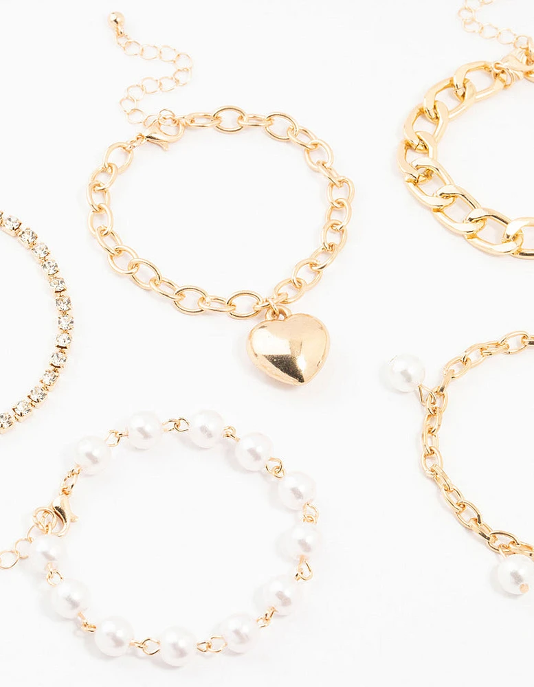 Gold Pearl & Puffy Heart Bracelets 5-Pack