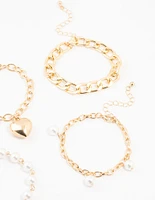 Gold Pearl & Puffy Heart Bracelets 5-Pack