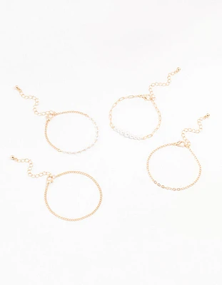 Gold Pearl Paperclip Chain Bracelet 4-Pack