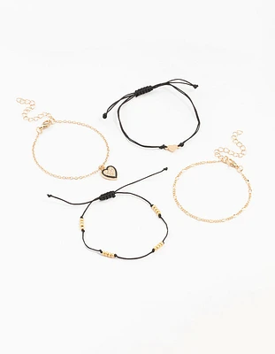 Gold Figaro, Rope & Heart Bracekets 4-Pack