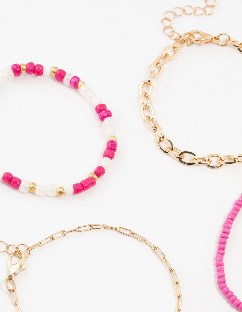 Pink Cable Link & Beaded Gold Bracelets 4-Pack