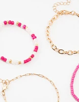 Pink Cable Link & Beaded Gold Bracelets 4-Pack