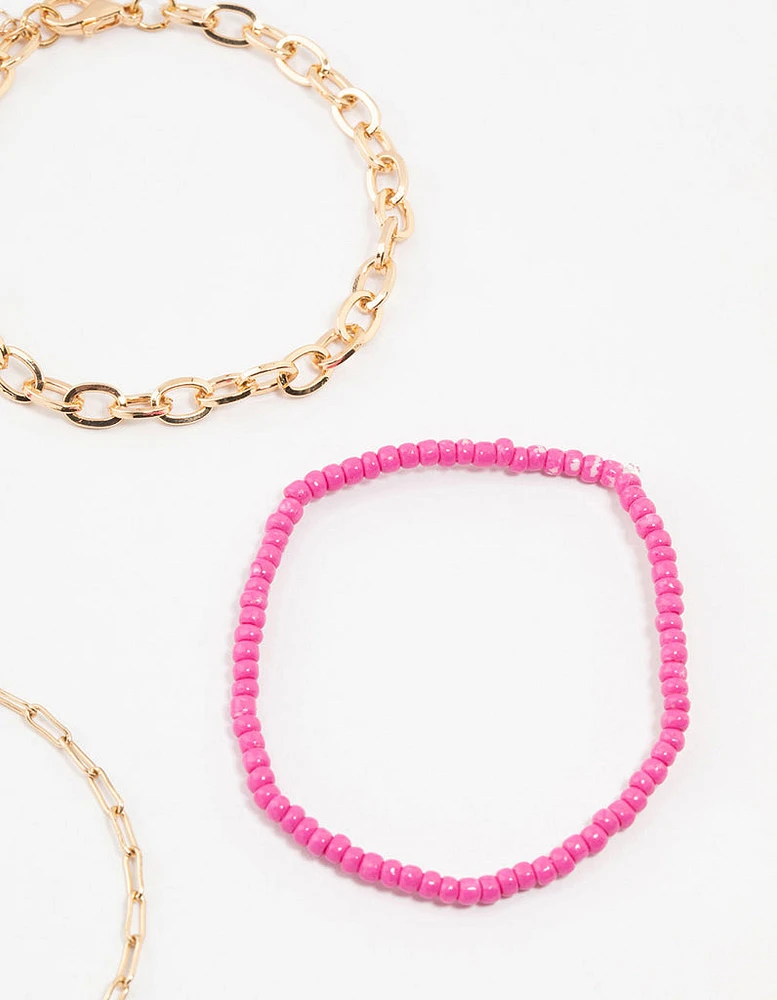 Pink Cable Link & Beaded Gold Bracelets 4-Pack