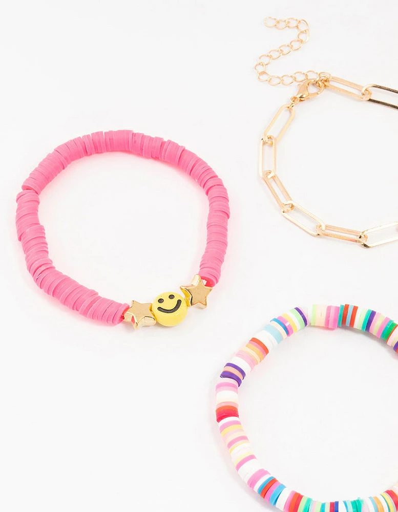 Smiley & Heart Beaded Gold Bracelets 5-Pack