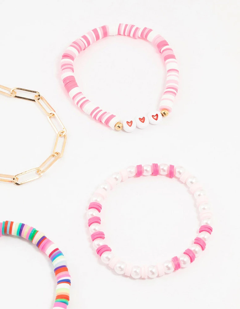 Smiley & Heart Beaded Gold Bracelets 5-Pack