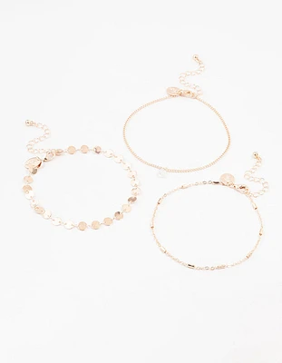 Rose Gold Disc Chain Diamante Anklets 3-Pack