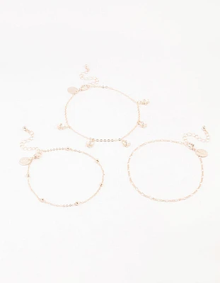 Rose Gold Figaro Diamante Flower Anklets 3-Pack