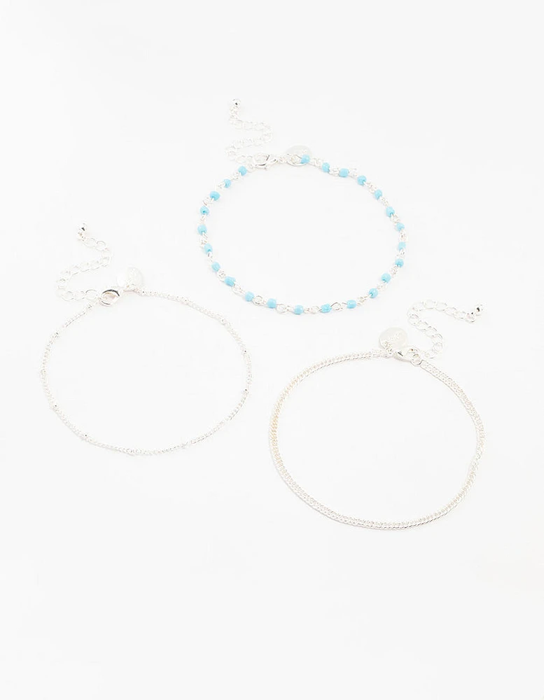 Silver Ball & Chain & Beaded Anklets 3-Pack