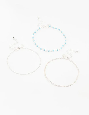 Silver Ball & Chain & Beaded Anklets 3-Pack