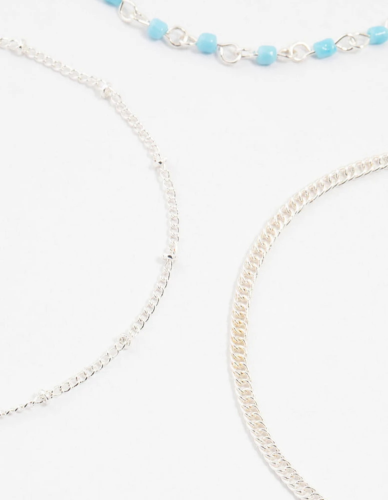 Silver Ball & Chain & Beaded Anklets 3-Pack