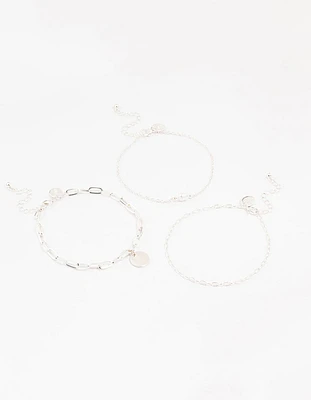 Silver Pearl Disc Drop Anklets 3-Pack