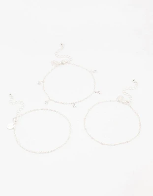 Silver Ball Chain Diamante Drop Anklets 3-Pack