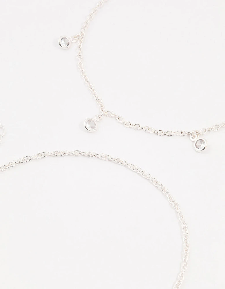 Silver Ball Chain Diamante Drop Anklets 3-Pack