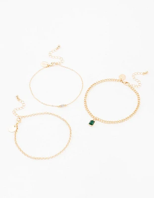 Gold Baguette Drop Anklets 3-Pack