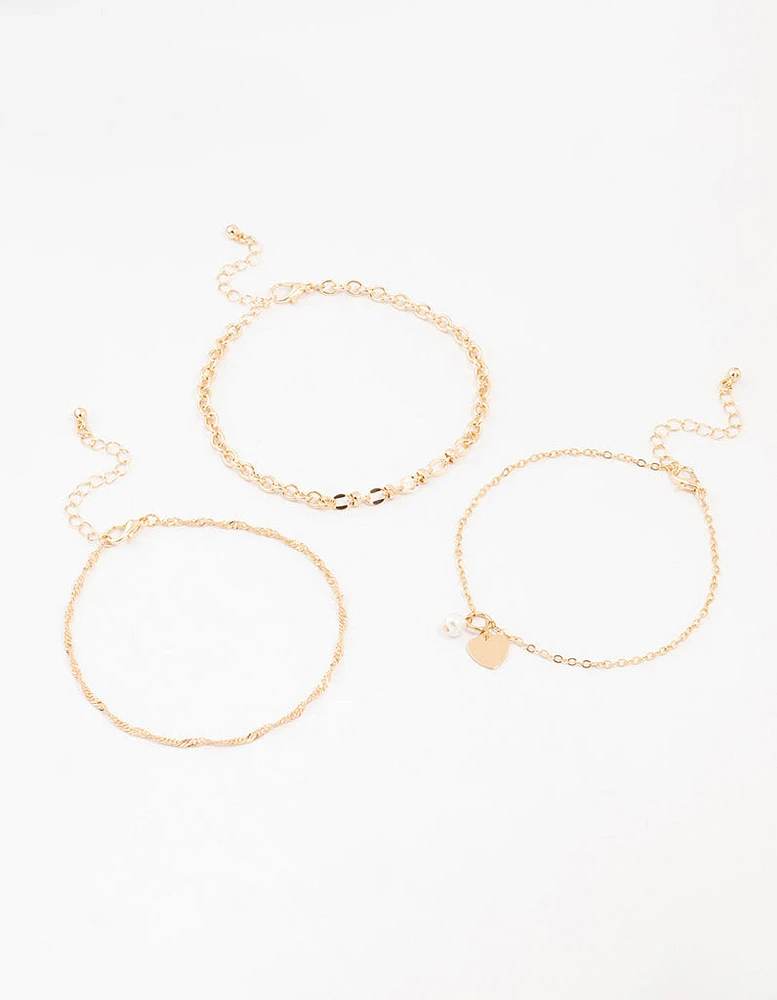 Gold Pearl Heart Drop Anklets 3-Pack