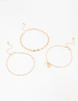 Gold Pearl Heart Drop Anklets 3-Pack