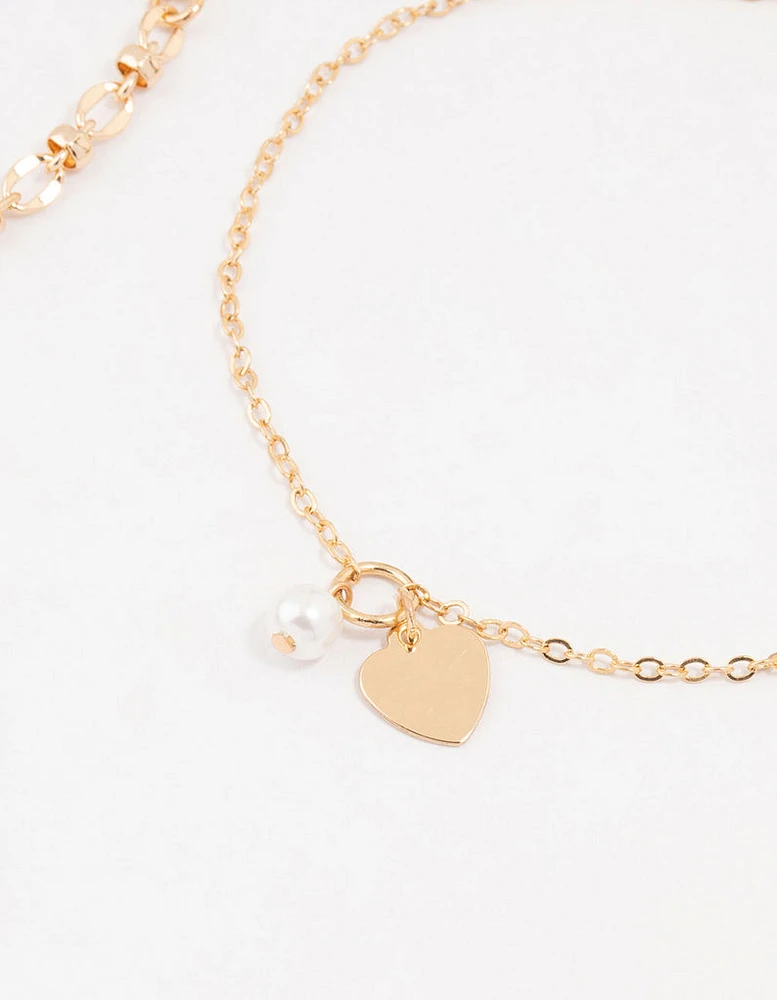 Gold Pearl Heart Drop Anklets 3-Pack