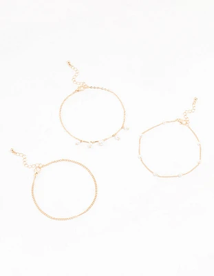 Gold Pearl Stone Drop Anklets 3-Pack