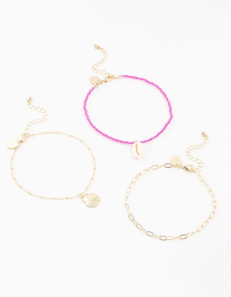 Bead & Shell Gold Anklets 3-Pack