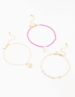 Bead & Shell Gold Anklets 3-Pack