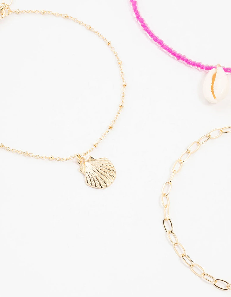 Bead & Shell Gold Anklets 3-Pack